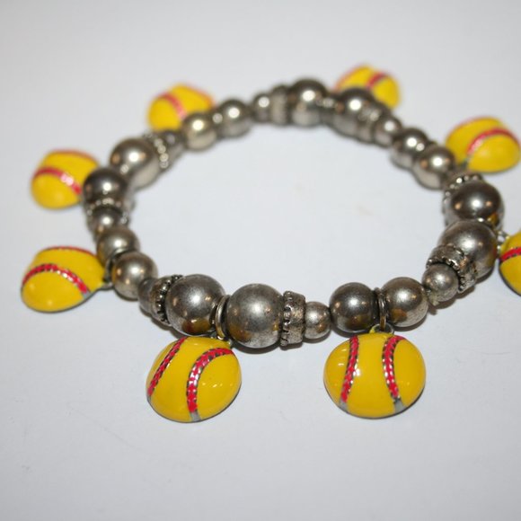 Silver beaded softball charm bracelet 7" - Picture 3 of 4
